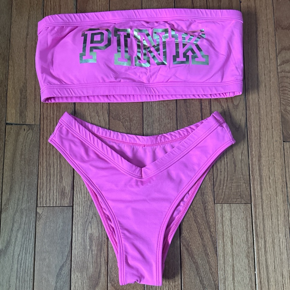 PINK Victoria's Secret Hot Pink Bandeau Bikini Set